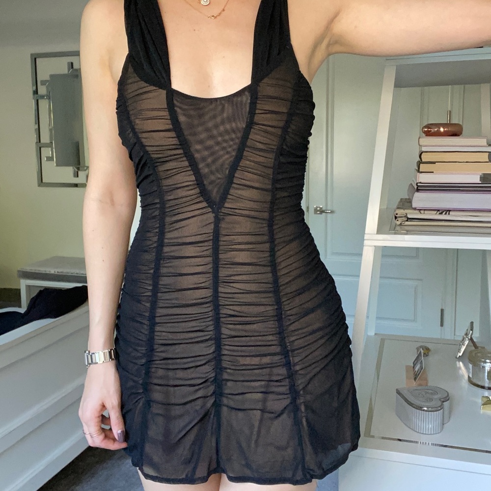 MAJORELLE Black Sheer Ruched Mini Dress